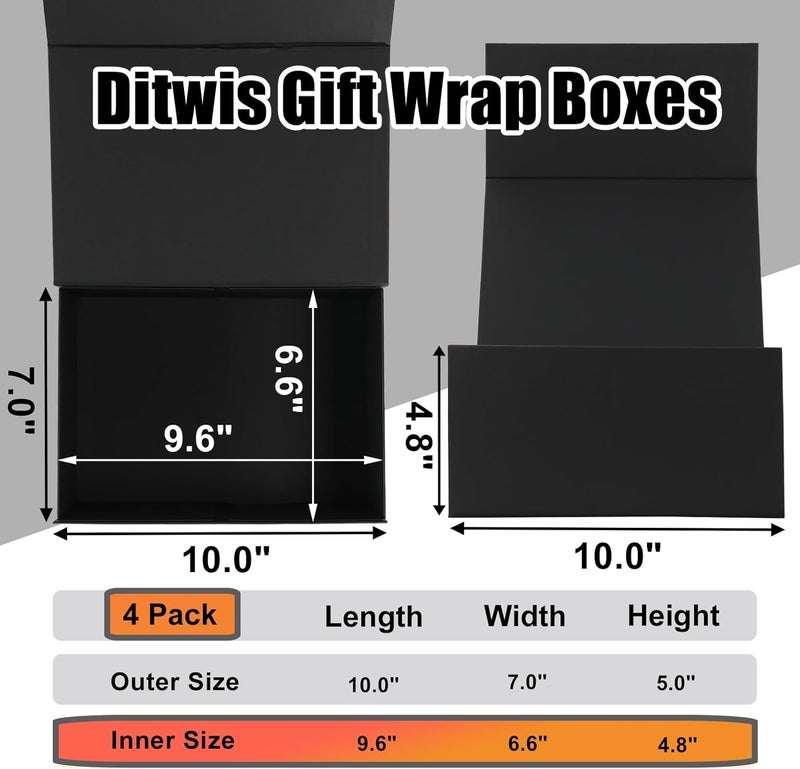 Ditwis 4 Pack 10x7x5 Inches Gift Boxes with Magnetic Closure Lids, Black Magnetic Box for Wedding, Groomsmen Bridesmaid Proposal, Birthdays, Mother's Day - Image 2